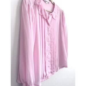 Vintage 80s Pink Pleated Embroidered Blouse Cottagecore Coquette Style Size L